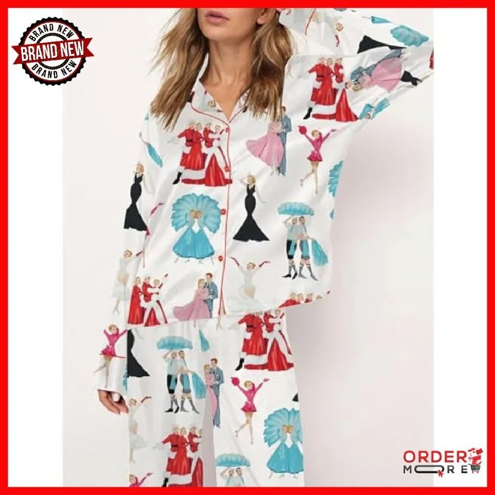 Women's Satin Christmas Pajama Set 2-Piece Button Down Holiday Sleepwear